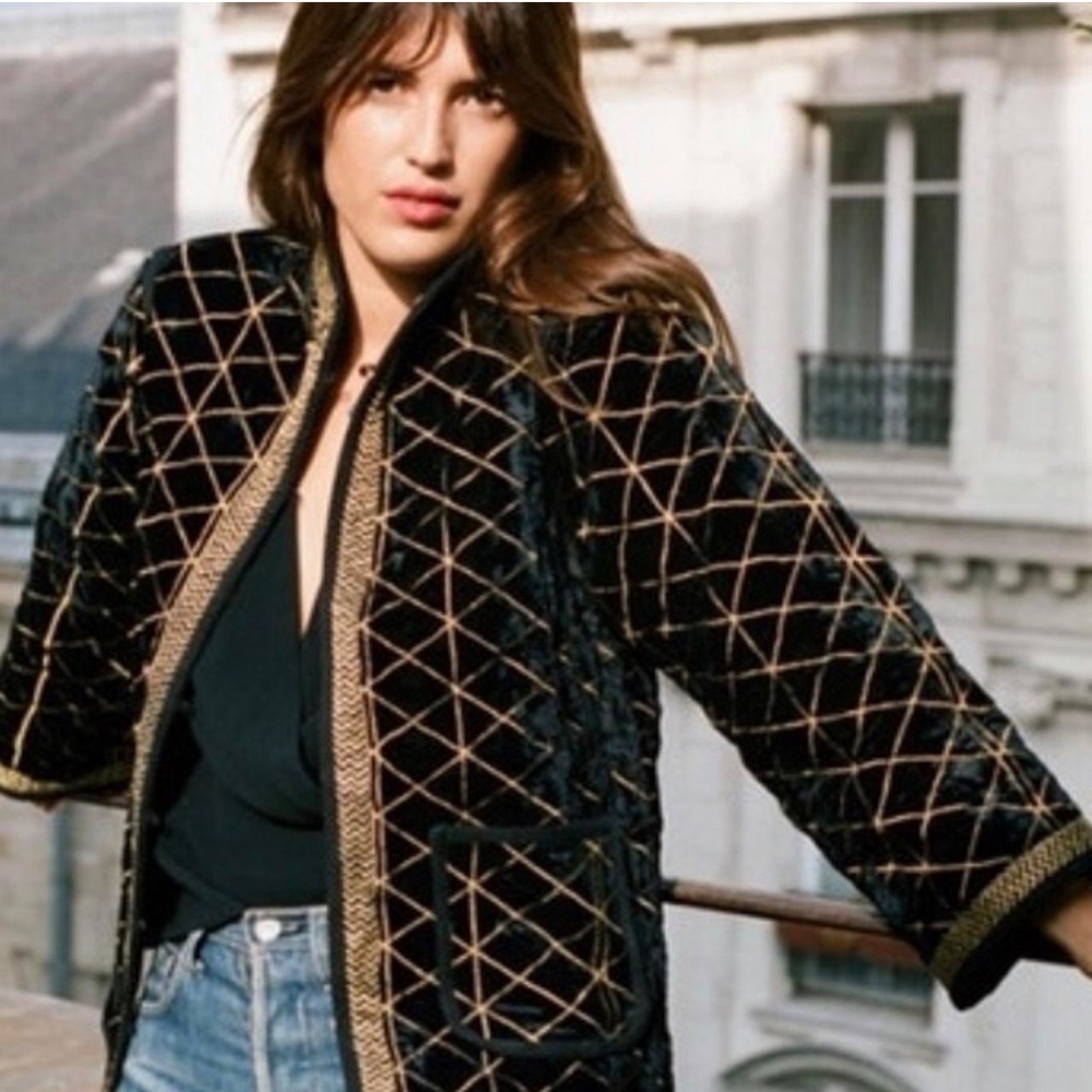 Rouje Black Velvet Quilted Jacket with Gold Trim